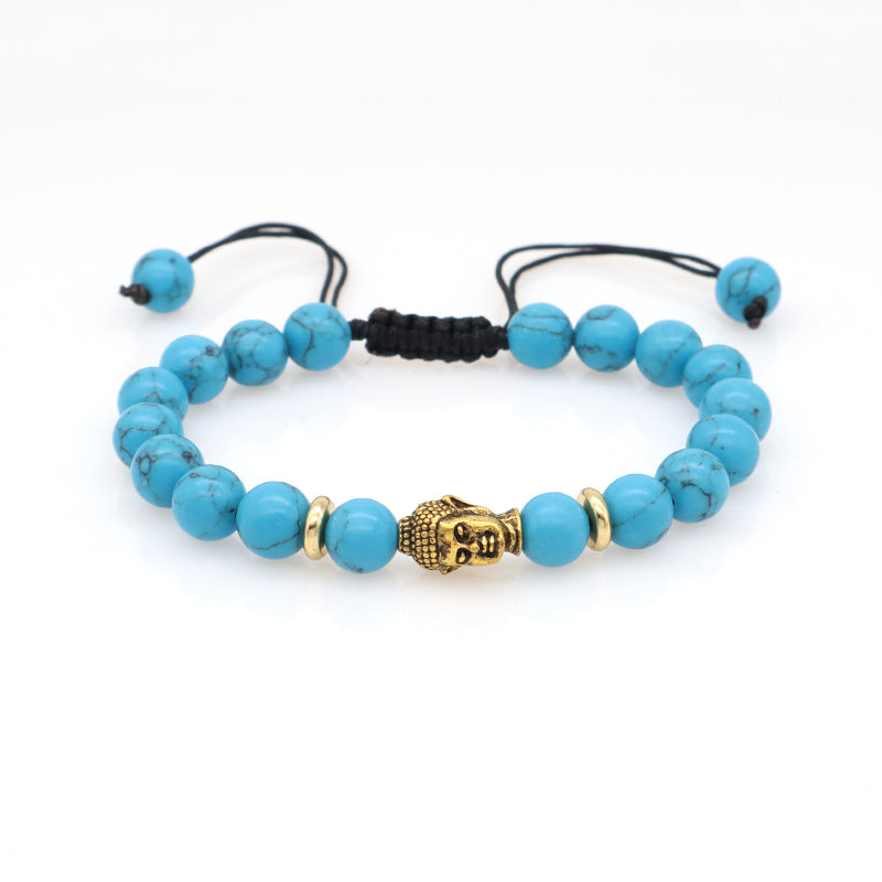 Custom Energy Gemstone Women Men OEM Wholesale Gold Plated Charm 8mm Natural Stone Braided Woven Turquoise Beads Buddha Bracelet