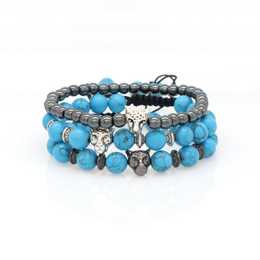 Handmade Customized 8mm Energy Natural Stone Beads Ajustable Braided Woven Macrame Hematite Turquoise Leopard Bracelet For Men