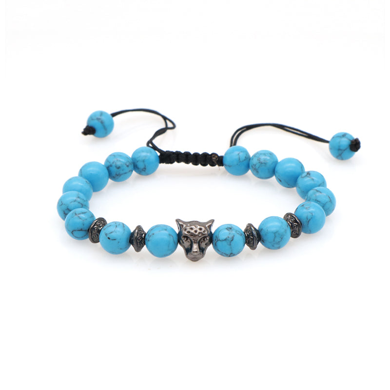 Handmade Customized 8mm Energy Natural Stone Beads Ajustable Braided Woven Macrame Hematite Turquoise Leopard Bracelet For Men