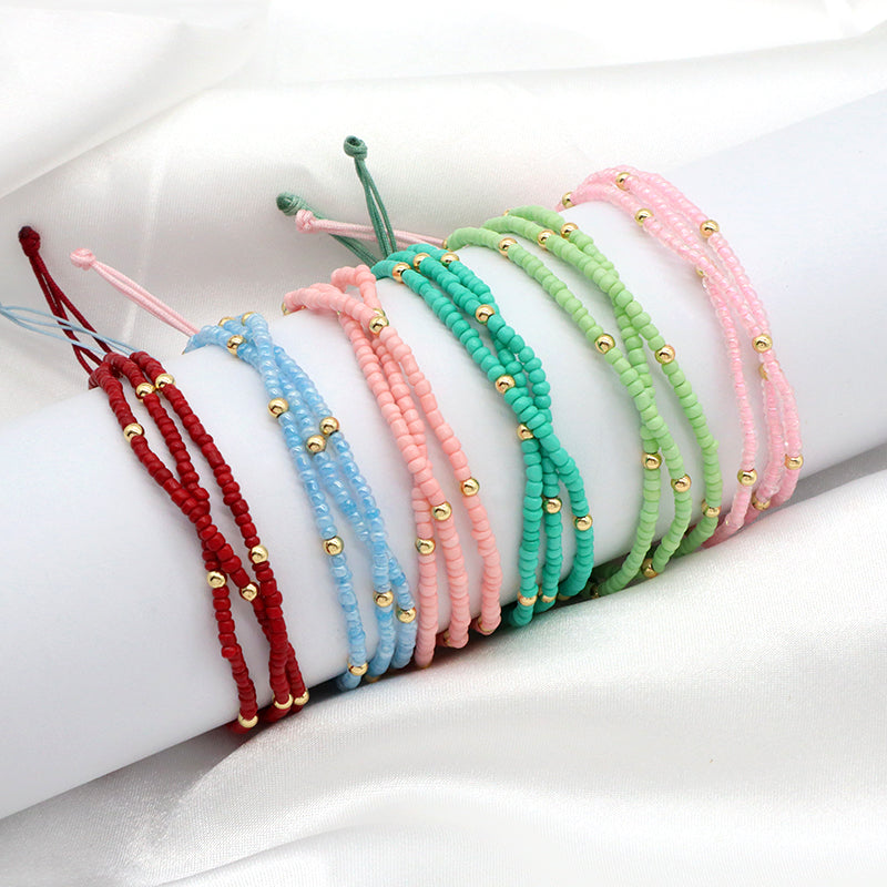 Various Colorful Handmade Wholesale OEM Factory Custom Jewelry Women Ajustable Three Layer Gold Plated Seed Beaded Bracelet