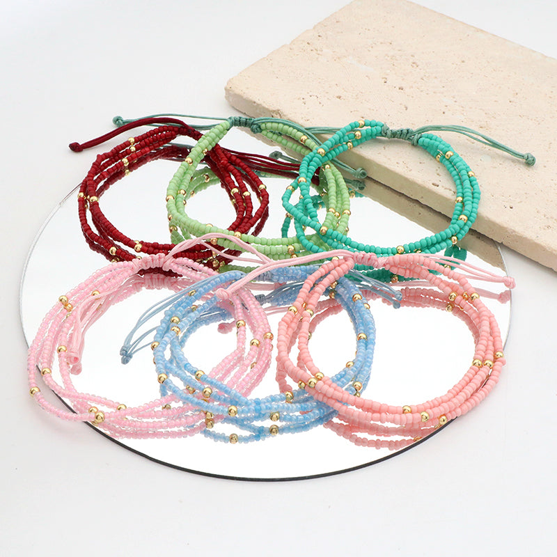 Various Colorful Handmade Wholesale OEM Factory Custom Jewelry Women Ajustable Three Layer Gold Plated Seed Beaded Bracelet