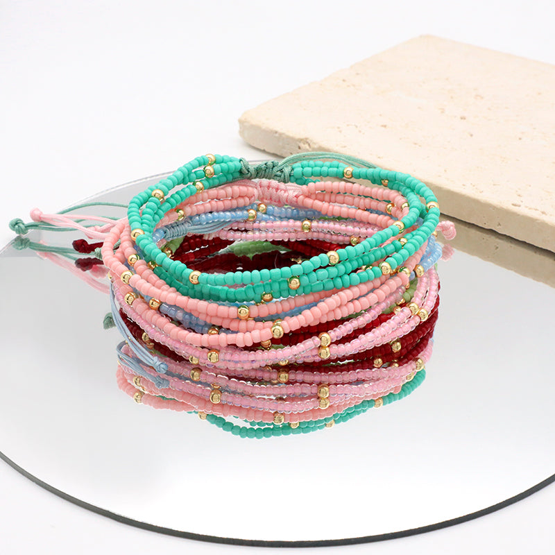 Various Colorful Handmade Wholesale OEM Factory Custom Jewelry Women Ajustable Three Layer Gold Plated Seed Beaded Bracelet