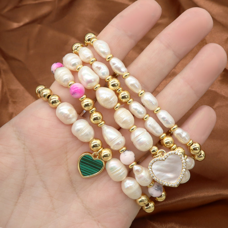 New Bulk Sale OEM Handmade Fashion Customized Jewelry Gold Plated Fresh Water Pearl Heart Charm Bracelet For Women Gift