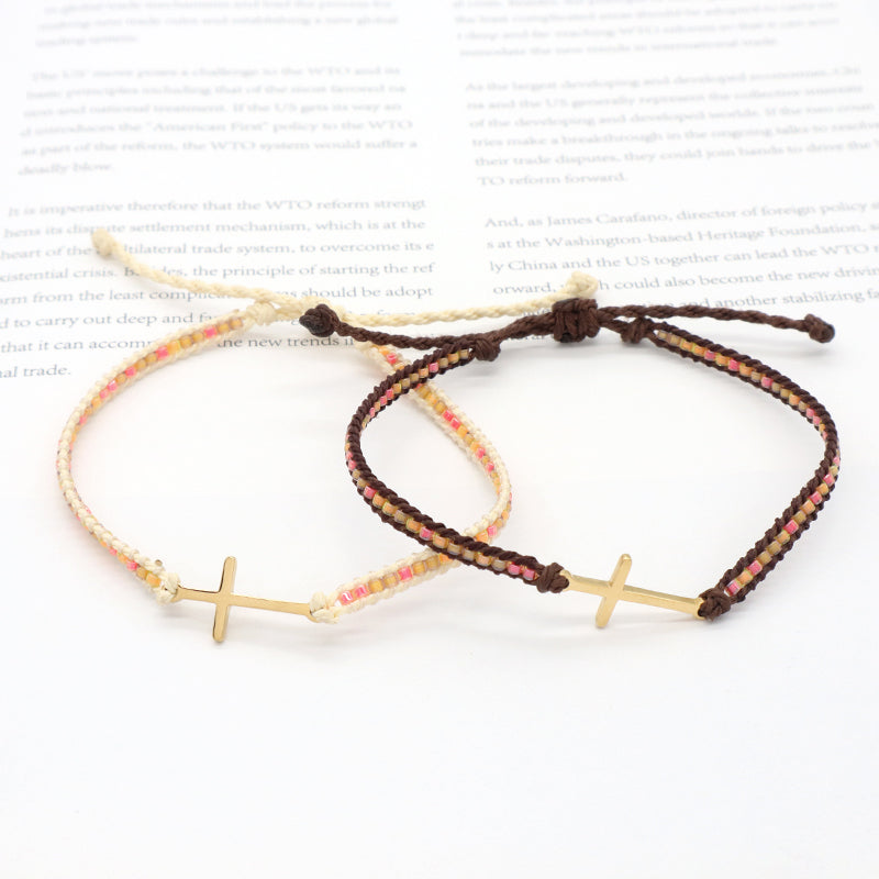 Custom Handmade Wholesale OEM Fashionable Women Jewelry Adjustable Braided Woven Macrame Miyuki Beads Cross Charm Bracelet