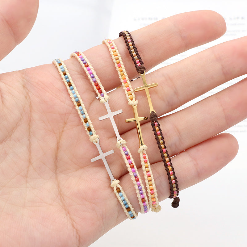 Custom Handmade Wholesale OEM Fashionable Women Jewelry Adjustable Braided Woven Macrame Miyuki Beads Cross Charm Bracelet