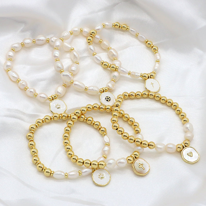 Gold Plated Brass Bead Handmade Custom Women Gift Natural Fresh Water Pearl Bracelet With Enamel Charm