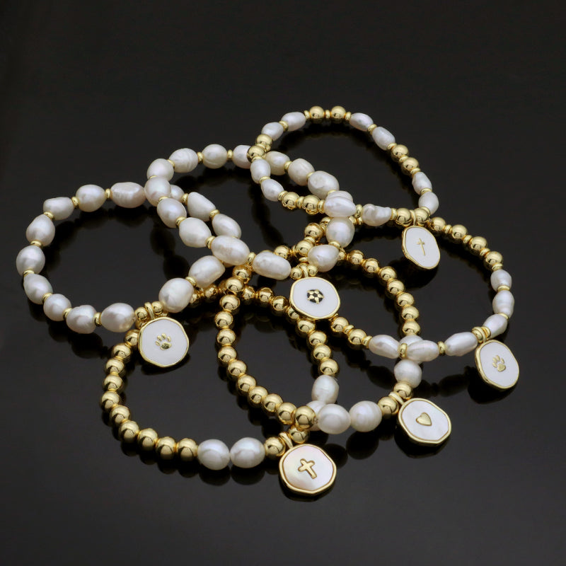 Gold Plated Brass Bead Handmade Custom Women Gift Natural Fresh Water Pearl Bracelet With Enamel Charm