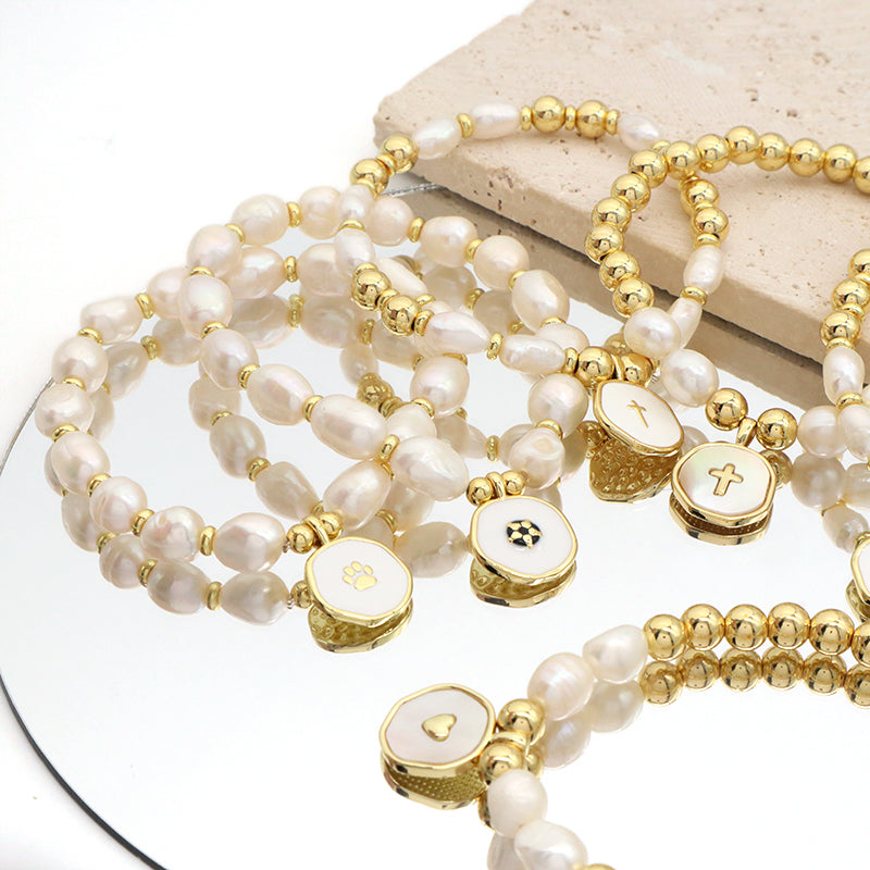 Gold Plated Brass Bead Handmade Custom Women Gift Natural Fresh Water Pearl Bracelet With Enamel Charm