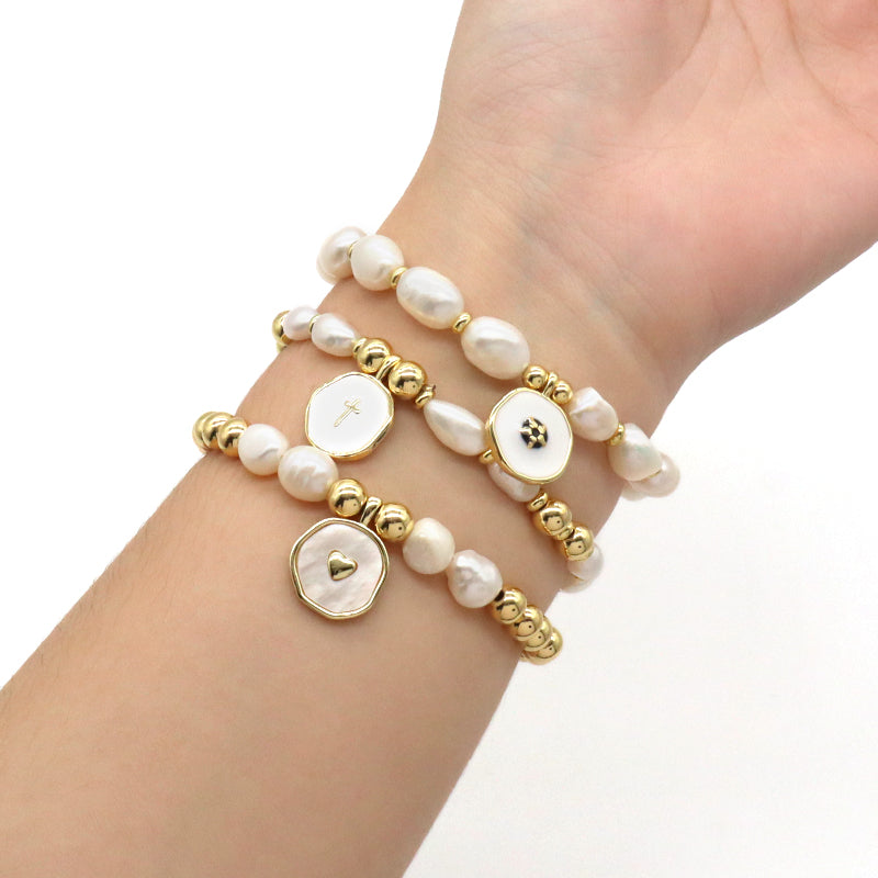 Gold Plated Brass Bead Handmade Custom Women Gift Natural Fresh Water Pearl Bracelet With Enamel Charm