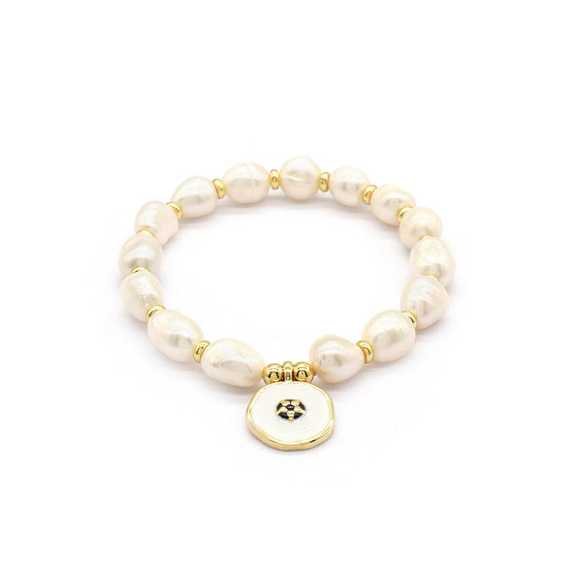 Gold Plated Brass Bead Handmade Custom Women Gift Natural Fresh Water Pearl Bracelet With Enamel Charm