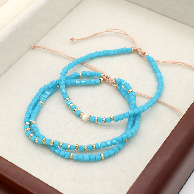 New Wholesale OEM Customized Gift Women Blue Handmade Fashion Gold Plated Fresh Water Pearl Glass Crystal Bead Bracelet