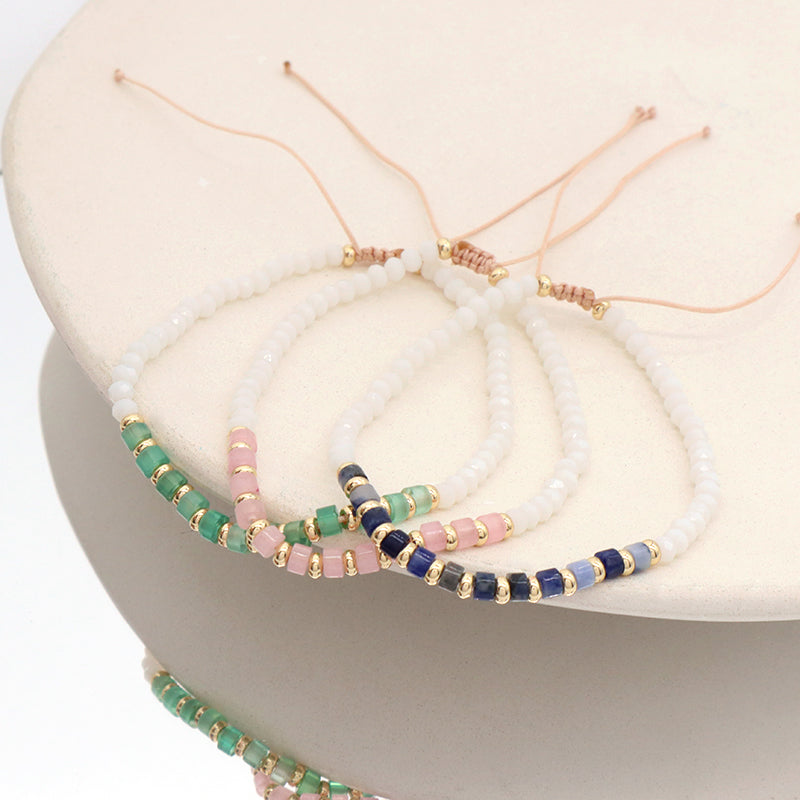 Handmade Wholesale OEM Customized Fashion Women Glass Crystal Gold Plated Charm Ajustable Natural Stone Bead Macrame Bracelet