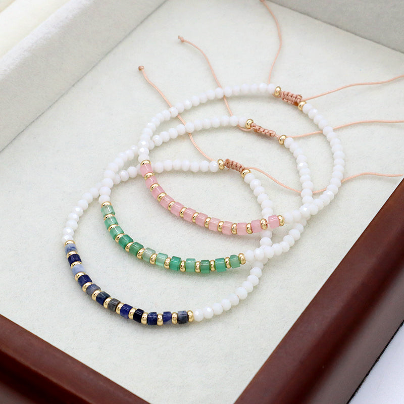 Handmade Wholesale OEM Customized Fashion Women Glass Crystal Gold Plated Charm Ajustable Natural Stone Bead Macrame Bracelet