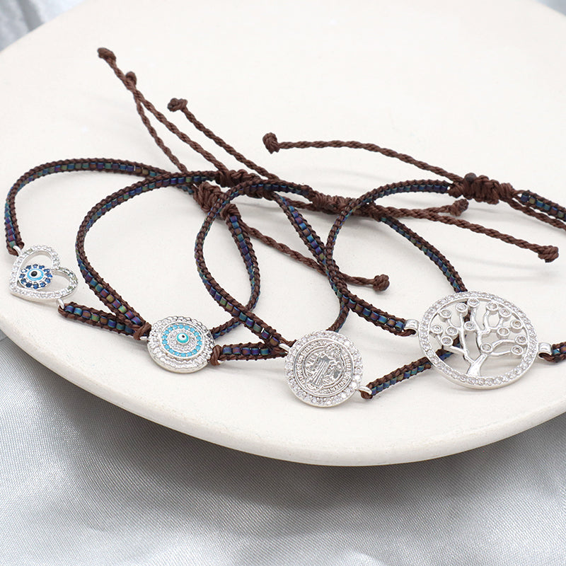 OEM Custom Wholesale Handmade Jewelry Adjustable CZ Braided Woven Macrame Miyuki Beads Cross Evil Eyes Life Tree Charm Bracelet