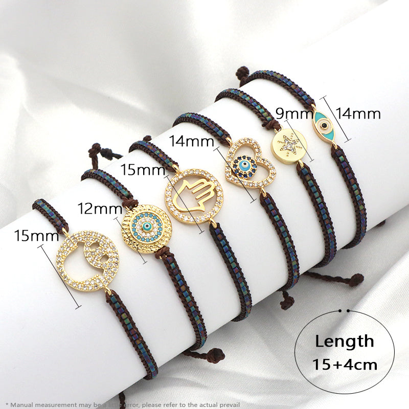 OEM Custom Wholesale Handmade Adjustable CZ Woven Gift Macrame Hand Heart Evil Eyes Smiling Face Charm Miyuki Beads Bracelet