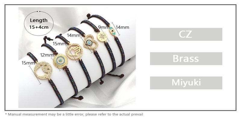 OEM Custom Wholesale Handmade Adjustable CZ Woven Gift Macrame Hand Heart Evil Eyes Smiling Face Charm Miyuki Beads Bracelet