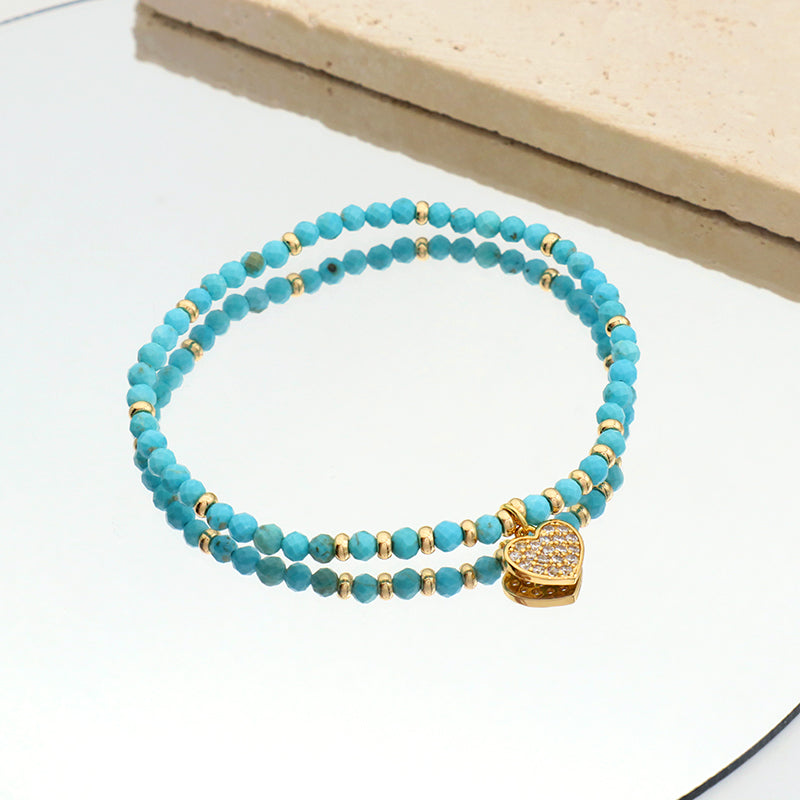 Wholesale Handmade OEM Custom Fashion Women CZ Gold Plated Heart Charm Ajustable Bead Natural Stone Macrame Bracelet For Gift