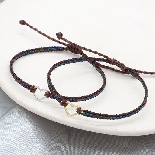Handmade OEM Customized Wholesale Adjustable CZ Rhodium Gold Plated Woven Macrame Heart Charm Miyuki Beads Bracelet For Gift