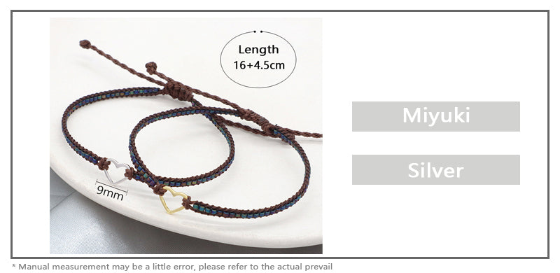 Handmade OEM Customized Wholesale Adjustable CZ Rhodium Gold Plated Woven Macrame Heart Charm Miyuki Beads Bracelet For Gift