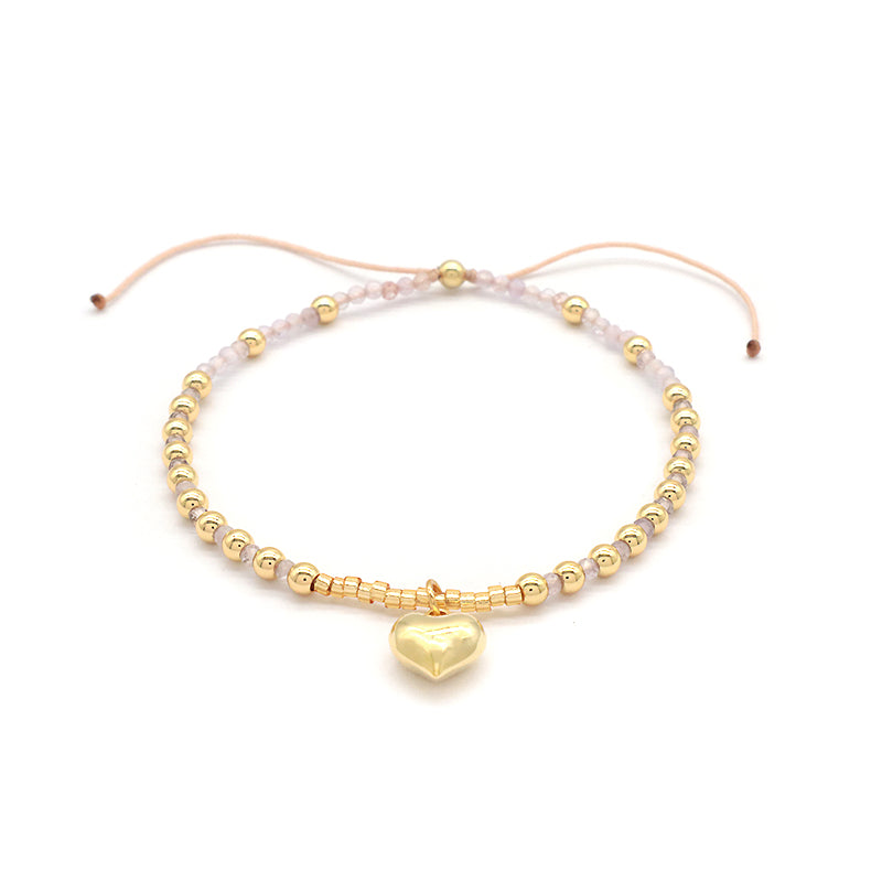 Wholesale Custom Fashionable Trendy Women Handmade Ajustable Macrame Gold Plated 925 Sterling Silver Heart Pendant Natural Stone Bead Bracelet For Gift