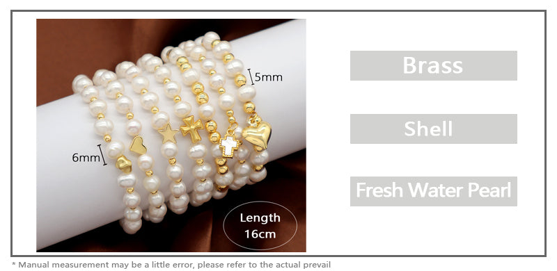 Wholesale Custom Newest Pearl Beads Brass Heart Star Charm Bracelets Jewelry Handmade Fresh Water Pearl Beaded Bracelet For Women