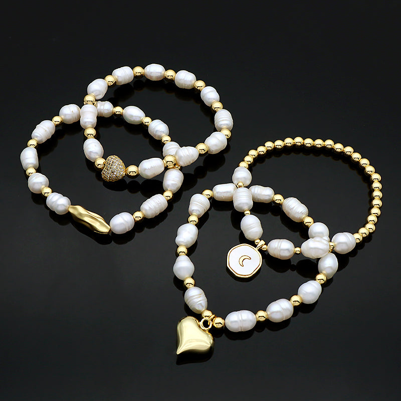 New Bulk Wholesale Handmade Fashion Customized Jewelry Gold Plated Fresh Water Pearl Heart Charm Bracelet For Women Gift