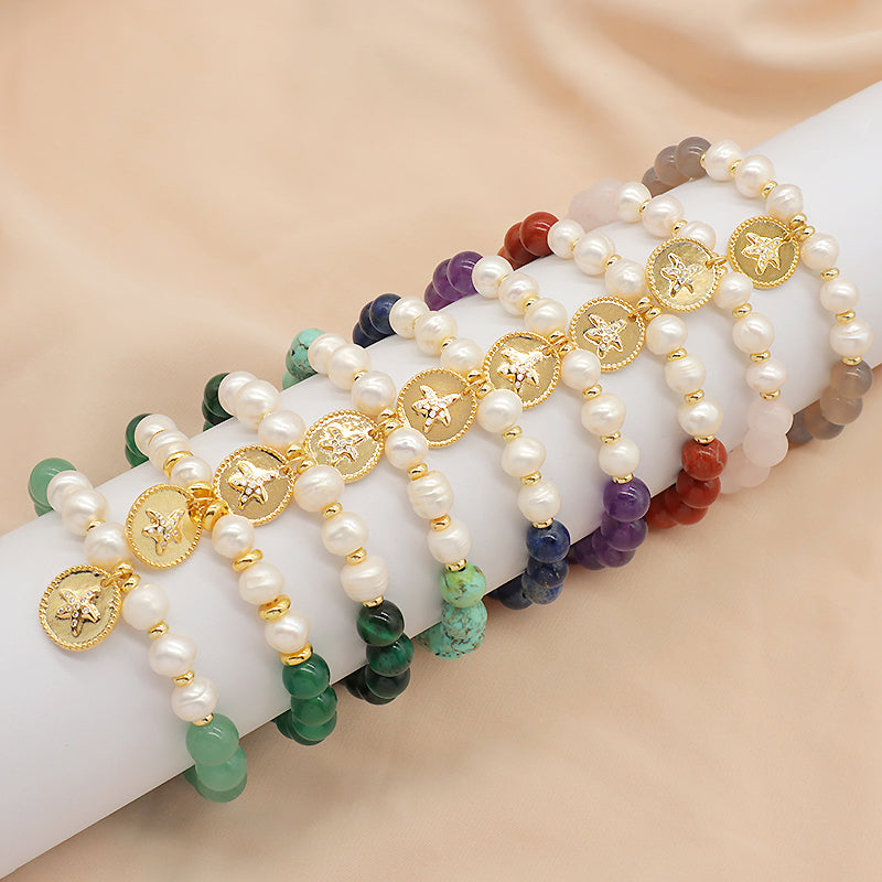 New Fashion Customized Handmade Woven Elastic Handmade  Fresh Water Pearl Starfish Pedant 9mm Gemstone Natural Stone Beads Bracelet For Women Men