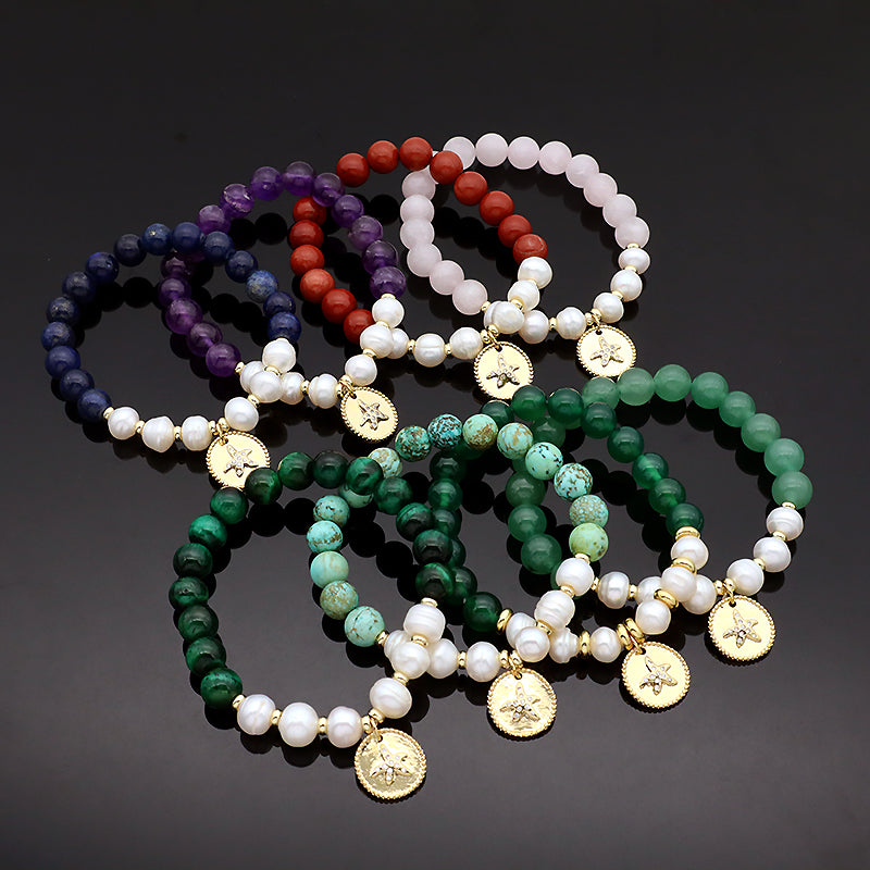 New Fashion Customized Handmade Woven Elastic Handmade  Fresh Water Pearl Starfish Pedant 9mm Gemstone Natural Stone Beads Bracelet For Women Men