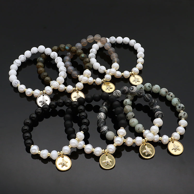 New Fashion Customized Handmade Woven Elastic Handmade  Fresh Water Pearl Starfish Pedant 9mm Gemstone Natural Stone Beads Bracelet For Women Men