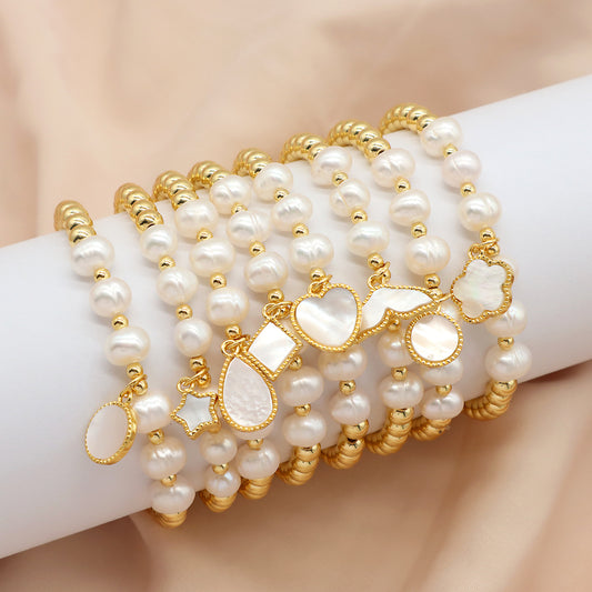Custom Wholesale Trendy Friendship Elastic Handmade Gold Plated Brass Bead Women Gift Natural Fresh Water Pearl Bracelet With Shell Charm