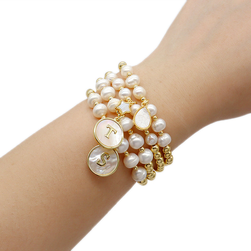 New Design Custom Wholesale Handmade Friendship Gold Plated Brass Bead Women Gift Natural Fresh Water Pearl Bracelet With Letters Shell Pendant