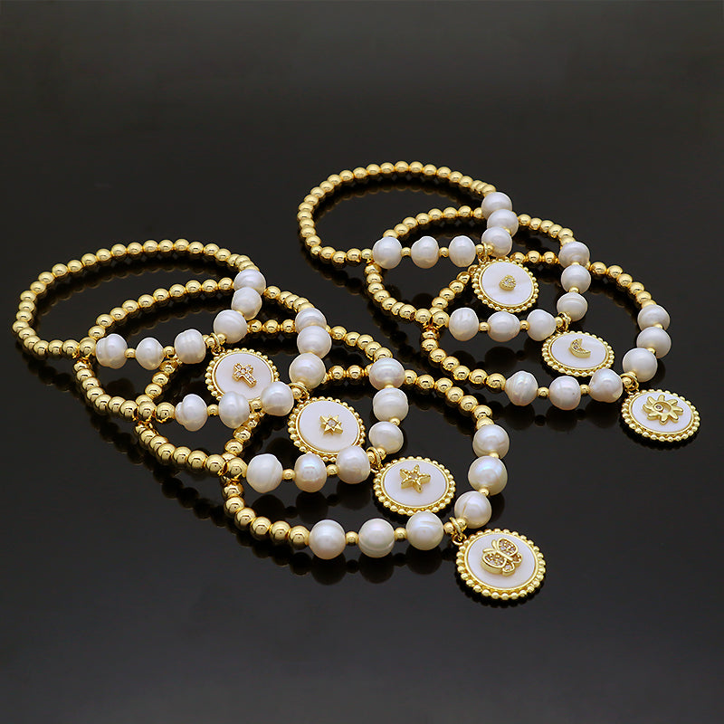 Handmade OEM Wholesale Fashion Customized Factory Brass Beads Butterfly Love Heart Moon Shell Pendant Fresh Water Pearl Bracelet For Women Gift