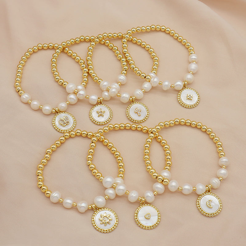 Handmade OEM Wholesale Fashion Customized Factory Brass Beads Butterfly Love Heart Moon Shell Pendant Fresh Water Pearl Bracelet For Women Gift