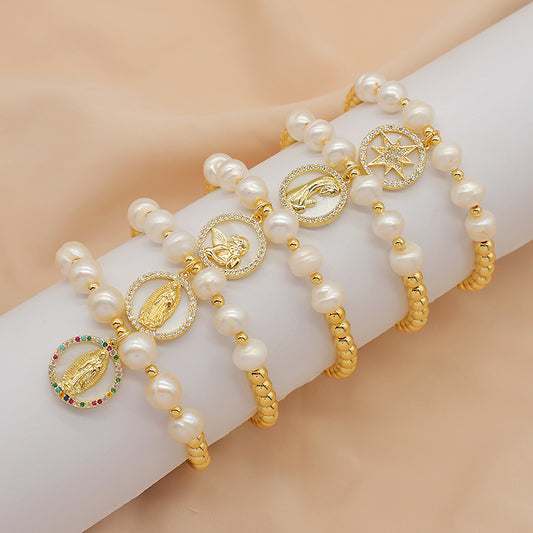 New Design OEM Wholesale Fashion Customized Factory Brass Beads CZ Shell Pendant Natural Fresh Water Pearl Bracelet For Women Gift