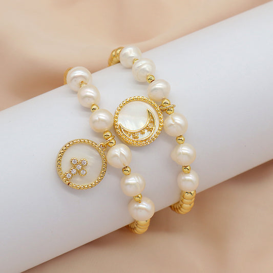Handmade Friendship Jewelry Wholesale Gift Elastic Custom Gold Plated Brass Beads Shell Pendant Natural Fresh Water Pearl Bead Bracelet