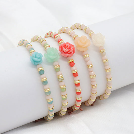 Newest  Wholesale Custom Handmade Macrame Ajustable Resin Flower Charm Glass Crystal Beads Bracelet For Women