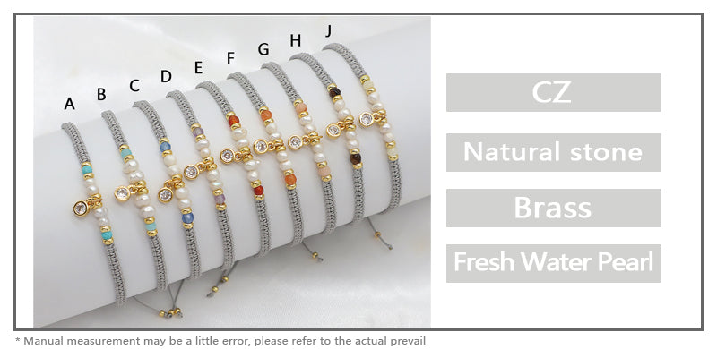 Natural Stone Fresh Water Pearl Braided Wire Bracelet With CZ Silver Charms