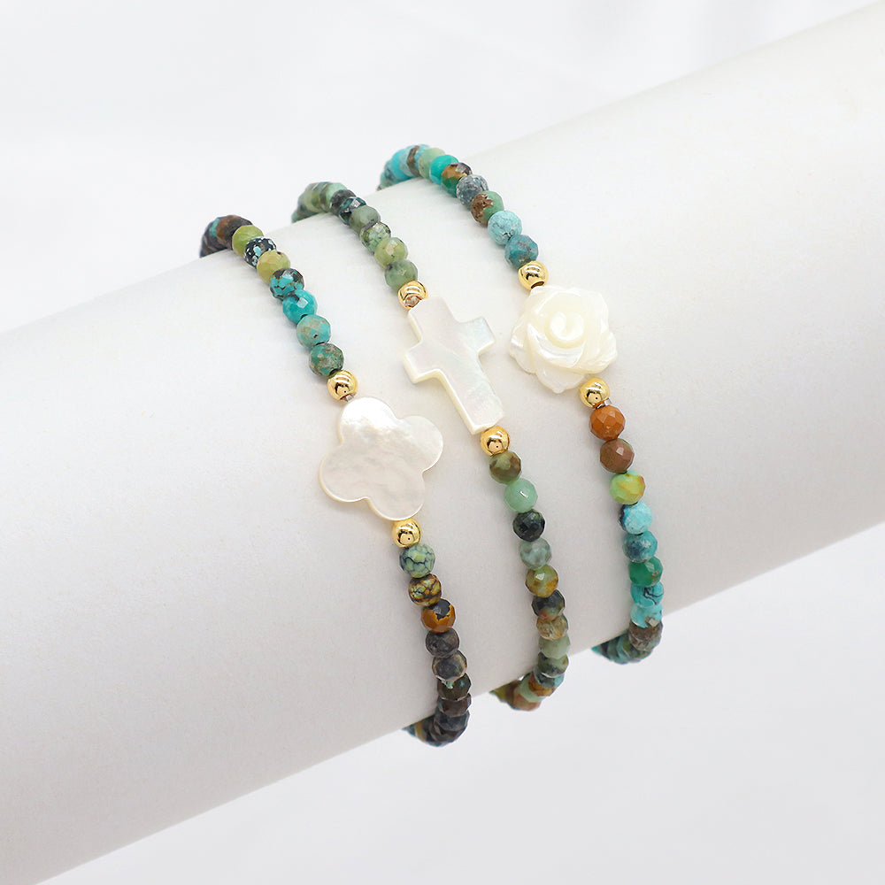 Africa Turquoise Natural Stone Shell Charms With 925 Sterling Silver Beads Elastic Bracelet