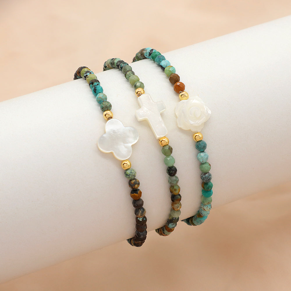 Africa Turquoise Natural Stone Shell Charms With 925 Sterling Silver Beads Elastic Bracelet