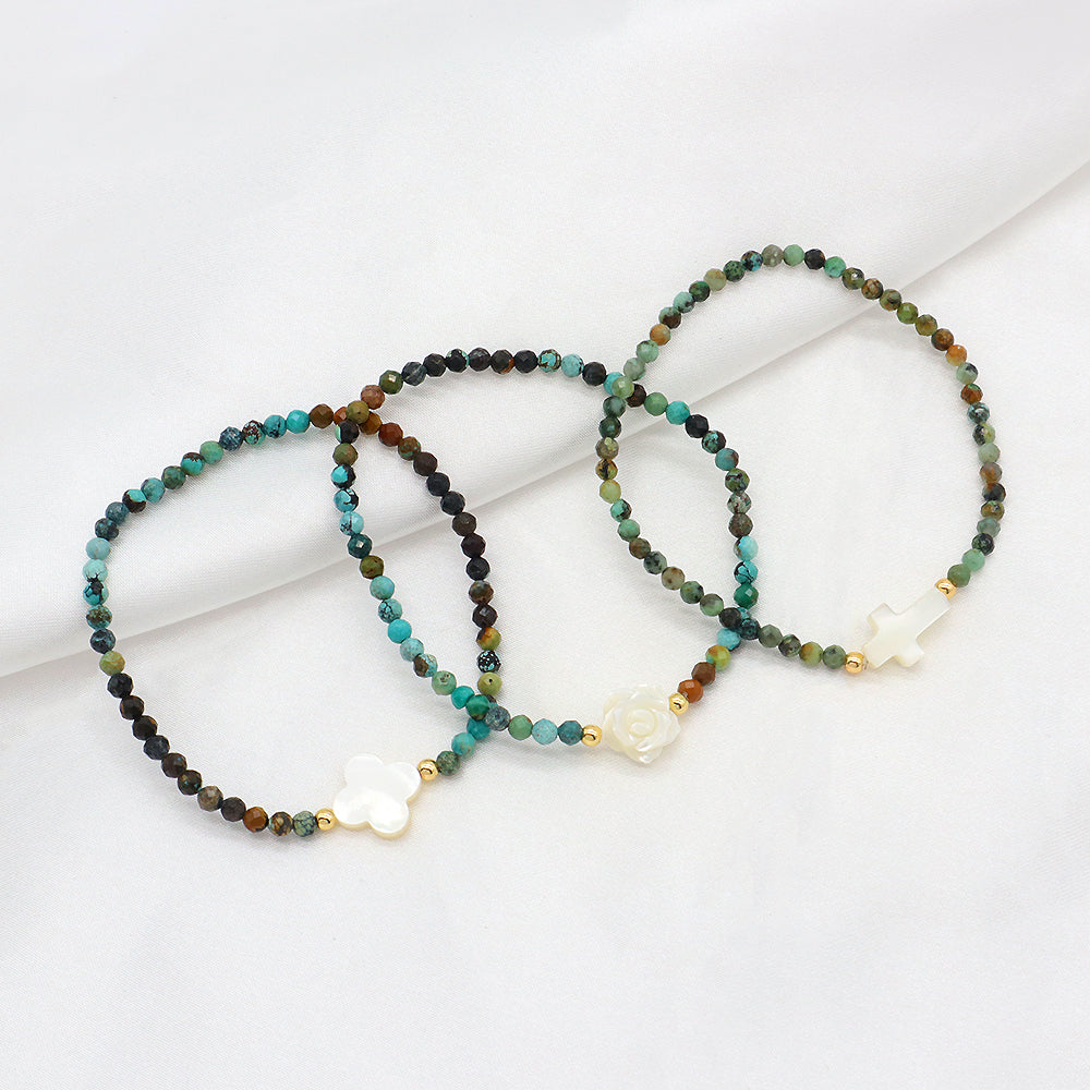 Africa Turquoise Natural Stone Shell Charms With 925 Sterling Silver Beads Elastic Bracelet