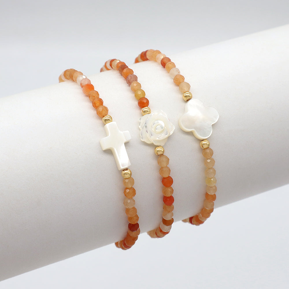 Orange Aventurine Natural Stone Shell Charms With 925 Sterling Silver Beads Elastic Bracelet