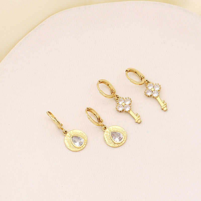 China Factory Wholesale Women Fashionable Jewelry Custom Dangle Earring Hoop CZ Gold Plated Eyes Key Hoop Earrings For Gift