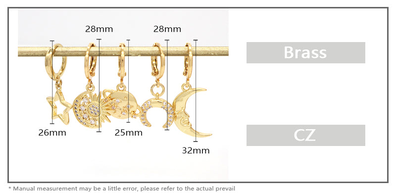 Custom Wholesale Fashion Factory Women Gift Jewelry Dangle Earring Hoop CZ Gold Plated Sun Star Moon Hoop Earrings