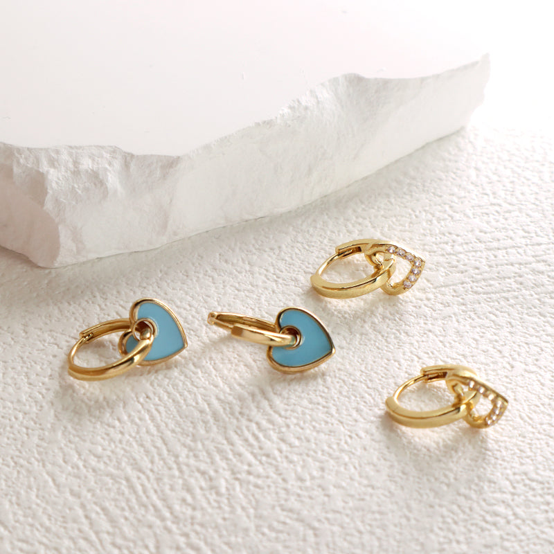Trendy Small Gold Heart Earrings Jewelry Newest Wholesale Custom CZ Gold Plated Blue Enamel Heart Hoop Earrings For Women