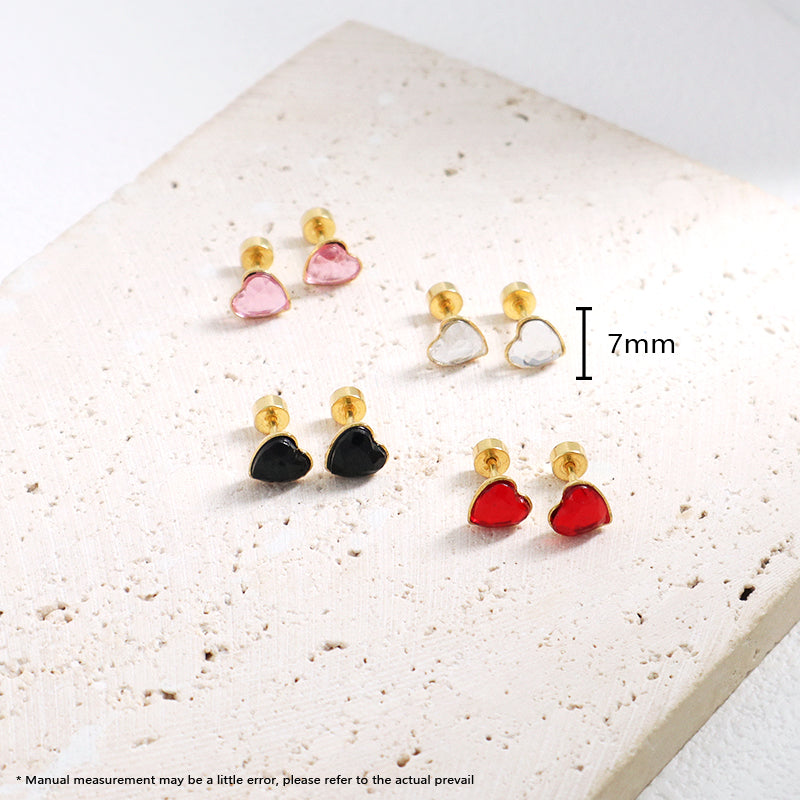 Customized Wholesale Dainty Women Red Pink Black Gold Plated Glass Crystal Love Heart Stainless Steel Stud Earrings For Gift
