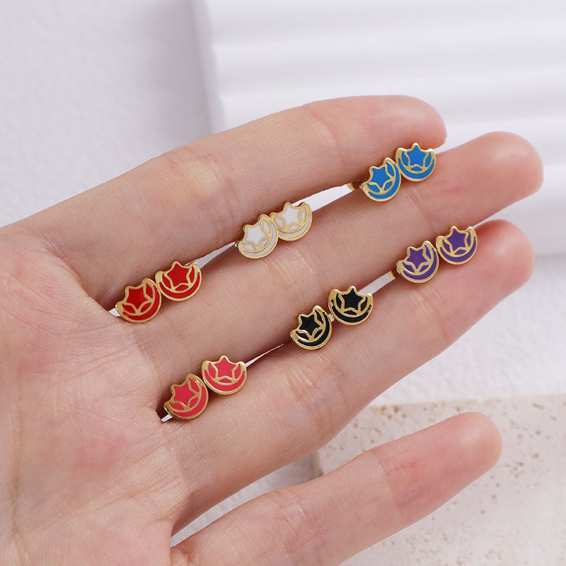 Customized Wholesale Star Moon Earrings Stud Jewelry Women Gift Gold Plated Enamel Moon Star Stainless Steel Stud Earrings