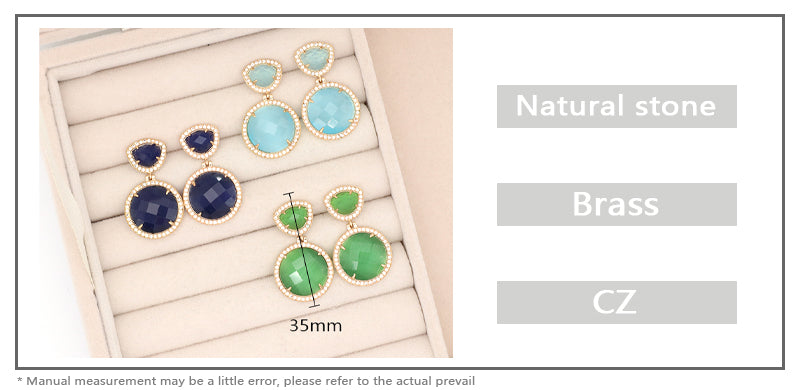 Wholesale Women Jewelry Custom Gift Blue Green Drop Dangle Stud Earrings CZ Gold Plated Colored Healing Natural Stone Earrings