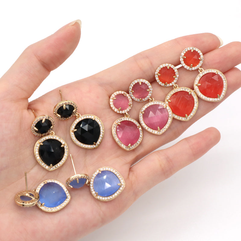Custom Wholesale Women Blue Black Pink Orange Drop Dangle Colored Healing Stud Earrings CZ Gold Plated Natural Stone Earrings