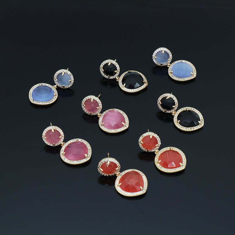 Custom Wholesale Women Blue Black Pink Orange Drop Dangle Colored Healing Stud Earrings CZ Gold Plated Natural Stone Earrings