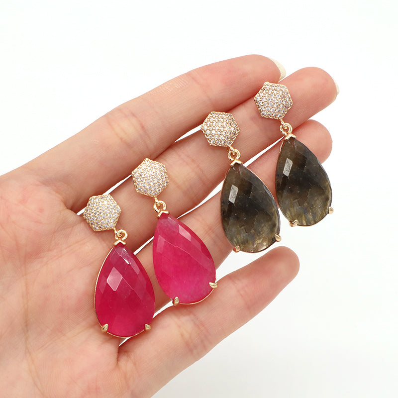 New Bulk Sale Custom Gift Colorful Stud Earrings CZ Gold Plated Healing Natural Stone Dangle Drop Earrings For Women Jewelry